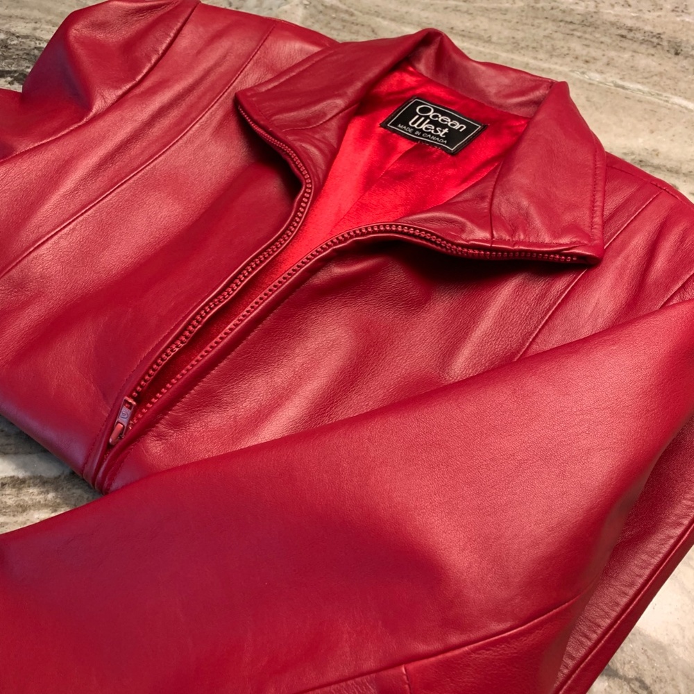 Ocean West Red Soft Leather Front Zip Jacket L